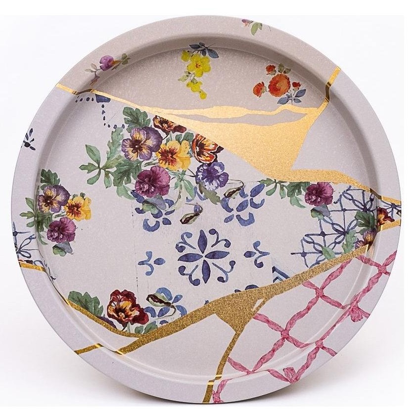 Ø370 mm Round Metal Tray Kintsugi Gold vein Flower — Trays — Tinbox