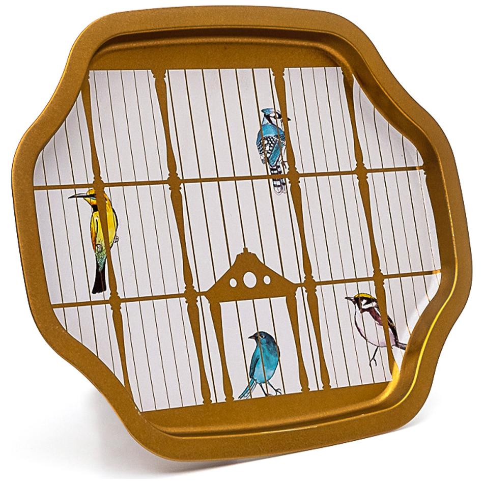 Kavisli dalgalı kenarlı tepsi 278x332 mm Renkli kuşlarla vintage kuş kafesi illüstrasyonu — Tepsiler — görsel 2 / 3 — Tinbox