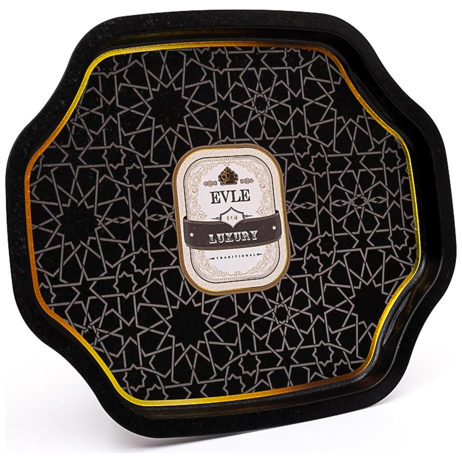 Kavisli dalgalı kenarlı tepsi, 278x332 mm, altın geometrik desenli, siyah zeminli. — Tepsiler — görsel 2 / 3 — Tinbox