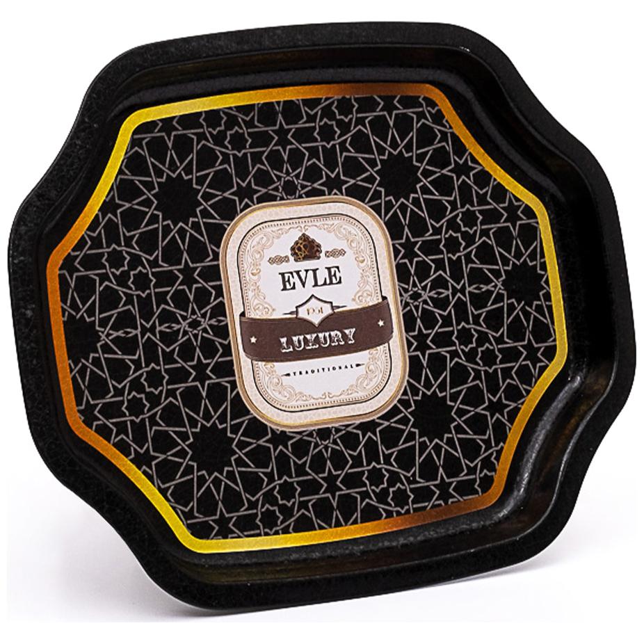 Kavisli dalgalı kenarlı tepsi, 160x190 mm, altın geometrik desenli, siyah zeminli. — Tepsiler — görsel 2 / 3 — Tinbox