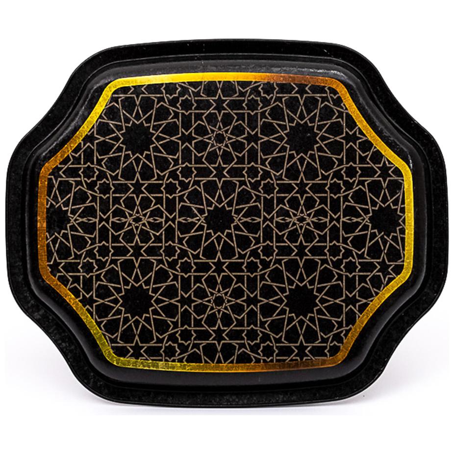Kavisli dalgalı kenarlı tepsi, 160x190 mm, altın geometrik desenli, siyah zeminli. — Tepsiler — görsel 3 / 3 — Tinbox