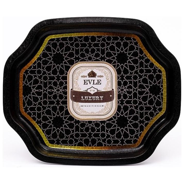 Kavisli dalgalı kenarlı tepsi, 160x190 mm, altın geometrik desenli, siyah zeminli. — Tepsiler — Tinbox