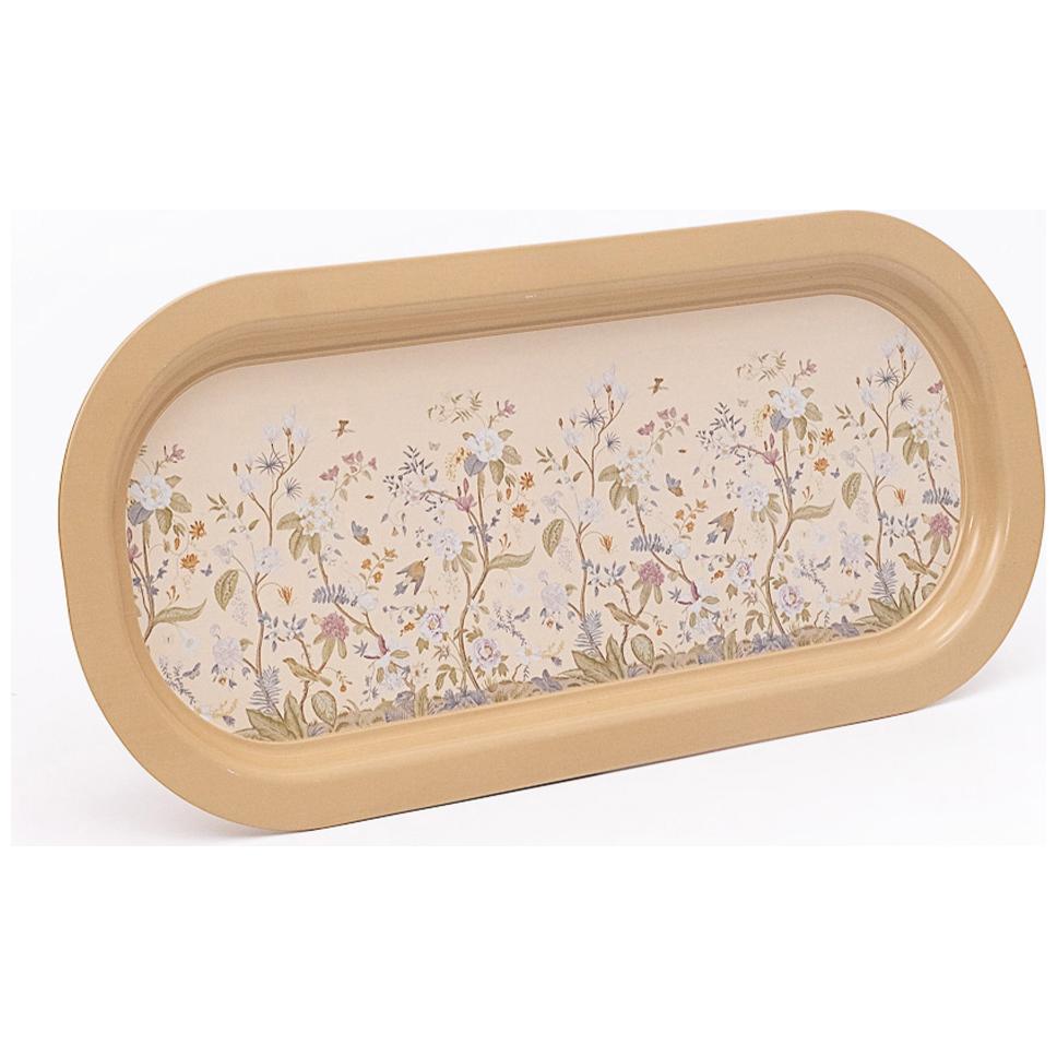 160x350 mm Dikdörtgen Metal Tepsi, Çiçek Desenli, Pastel Sarı — Tepsiler — Tinbox