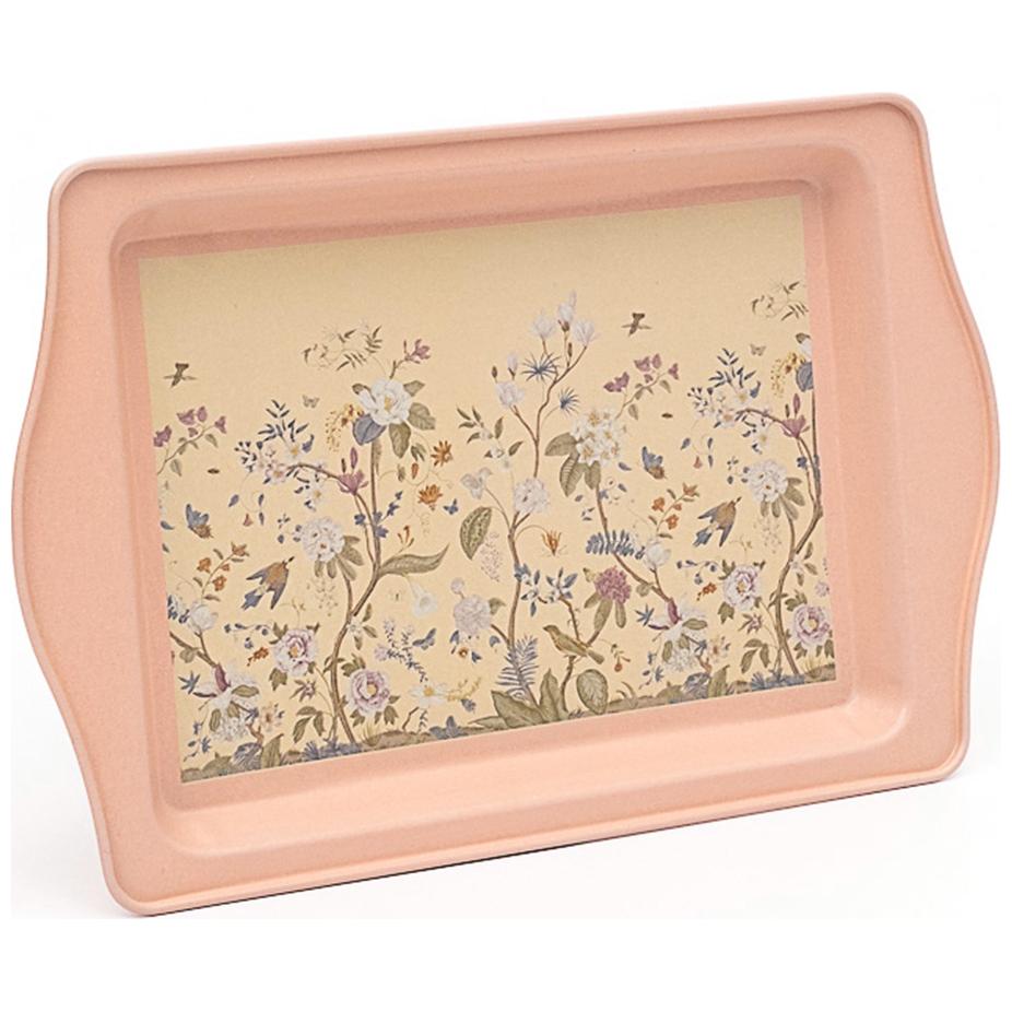 160 x 250 mm Dikdörtgen Metal Tepsi, Saplı, Çiçek Desenli, Pastel Pembe — Tepsiler — Tinbox