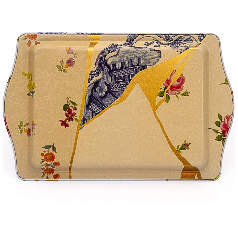 160 x 250 mm Dikdörtgen Metal Tepsi Kulpu Kintsugi Altın Damarlı Çiçek — Tepsiler — görsel 2 / 4 — Tinbox