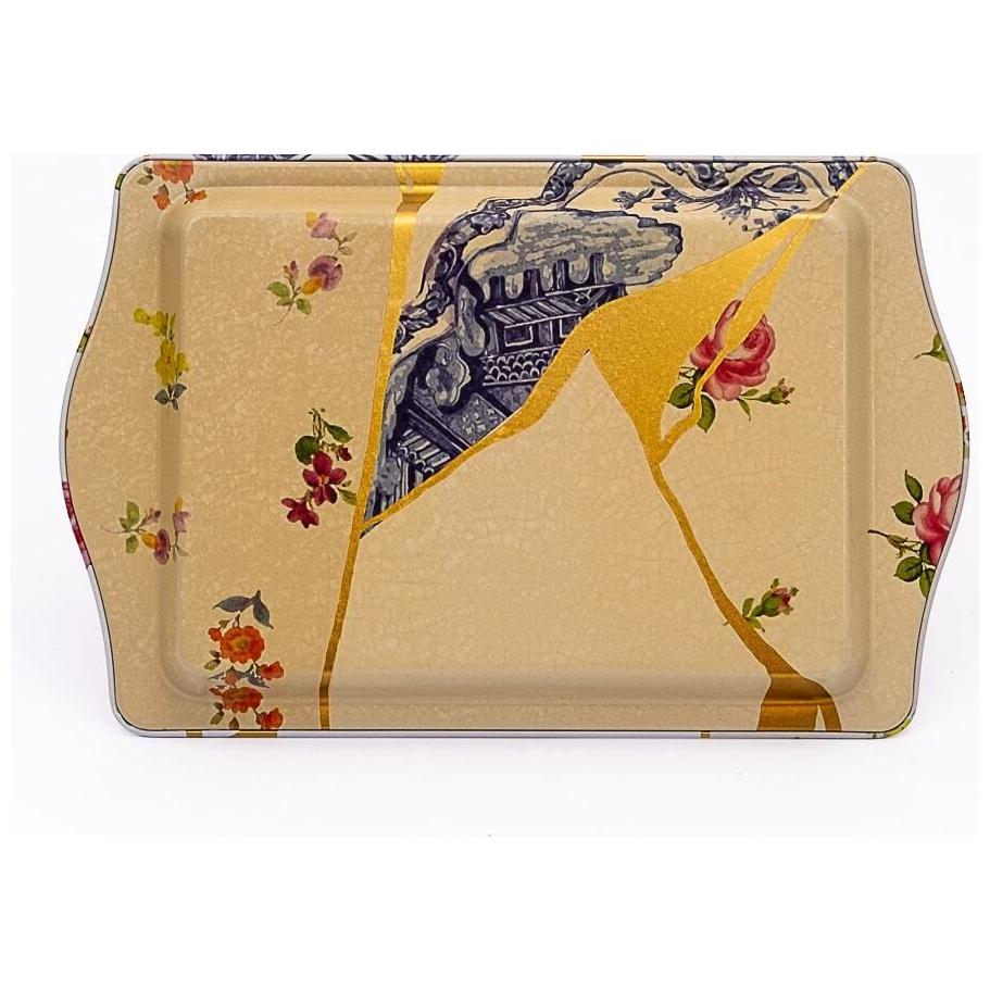160 x 250 mm Dikdörtgen Metal Tepsi Kulpu Kintsugi Altın Damarlı Çiçek — Tepsiler — görsel 3 / 4 — Tinbox