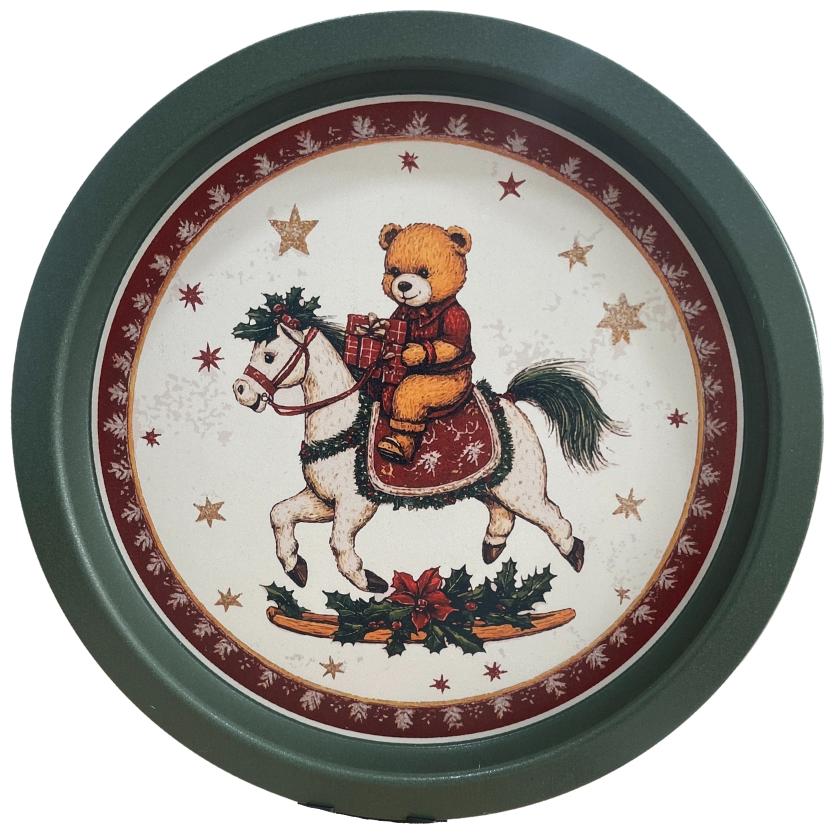 Ø315 mm Yuvarlak Metal Tepsi Oyuncak ayı, sallanan at, Noel teması — Tepsiler — Tinbox