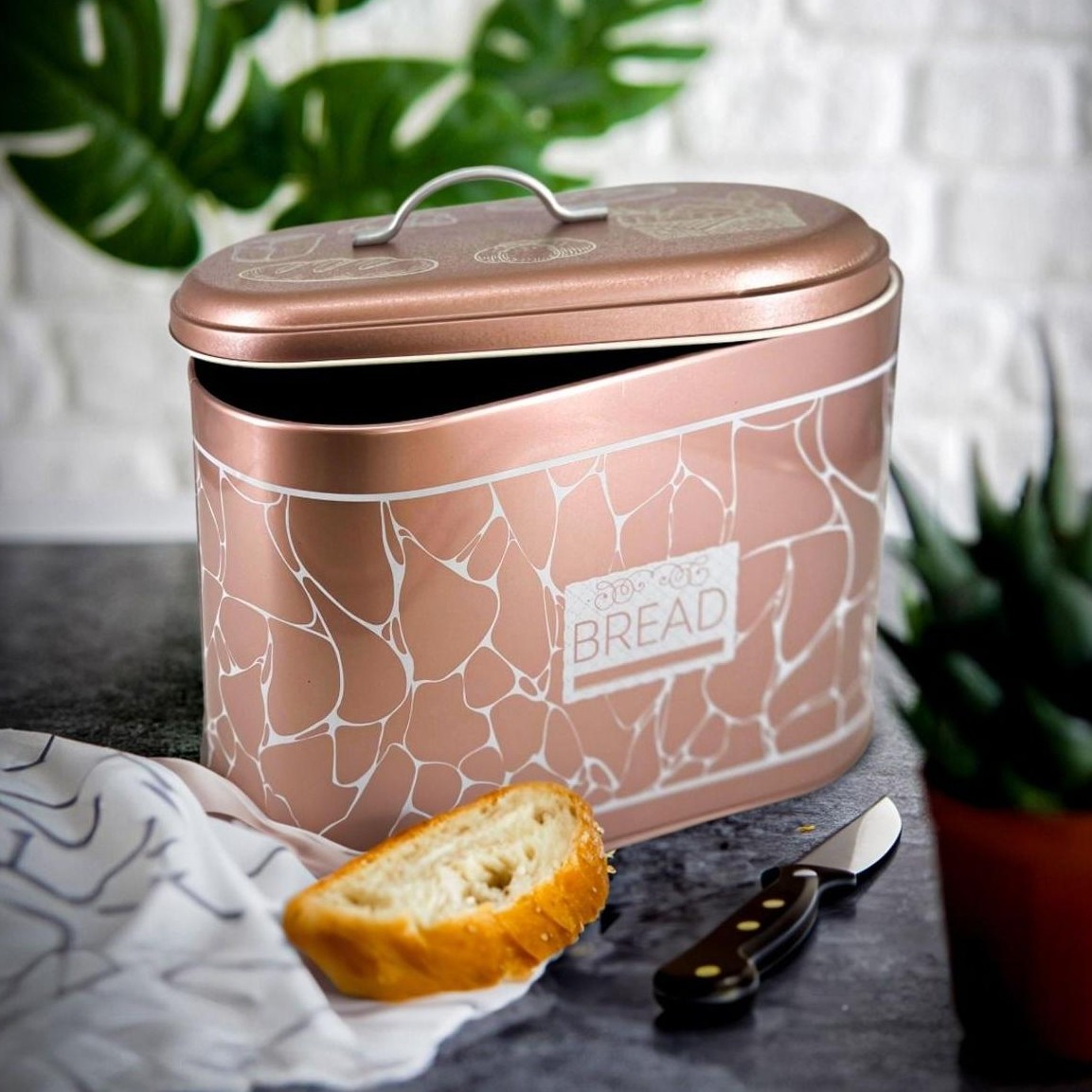 178 x 338 x 200 mm Metal Ekmek Kutusu, Metal Sap, 9.8L, Beyaz Desen, Gül Altın Arka Plan — Ekmeklik — görsel 2 / 2 — Tinbox