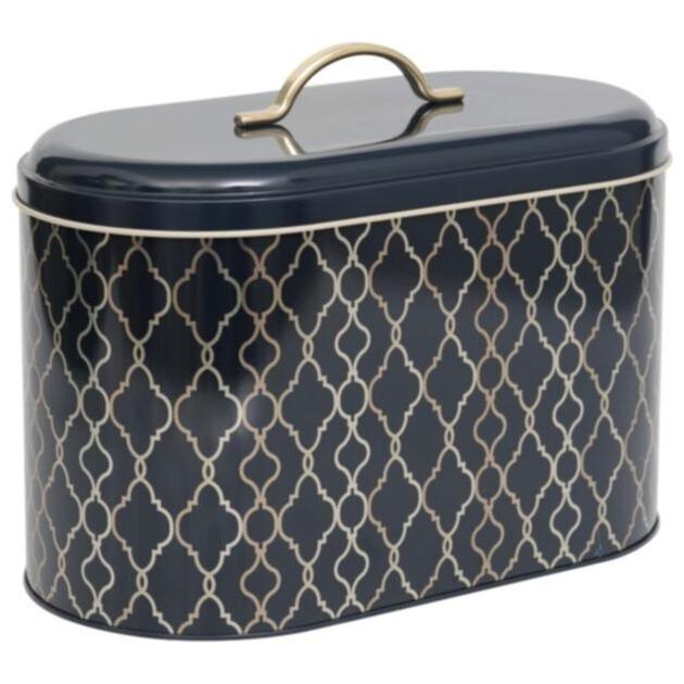 178 x 338 x 200 mm Metal Ekmek Kutusu, Metal Sap, 9.8L, Altın Geometrik Desen, Siyah Zemin — Ekmeklik — Tinbox