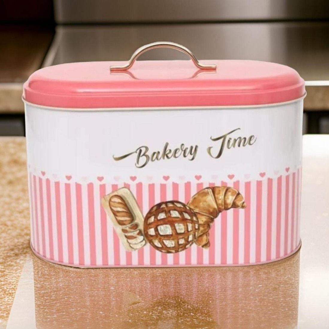178 x 338 x 200 mm Metal Ekmek Kutusu, Metal Sap, 9.8L Ekmek, Pembe Çizgili Arka Plan — Ekmeklik — görsel 5 / 5 — Tinbox