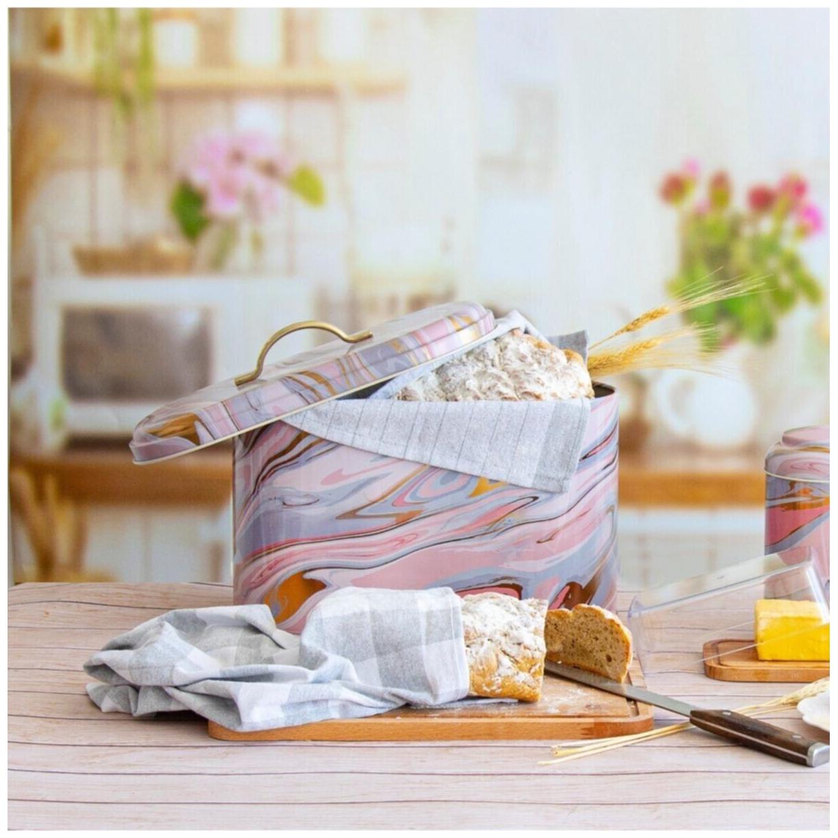 178 x 338 x 200 mm Metal Bread Box Metal Handle 9.8L Pink and Gold Marble Texture — Bread Boxes — view 4 of 4 — Tinbox