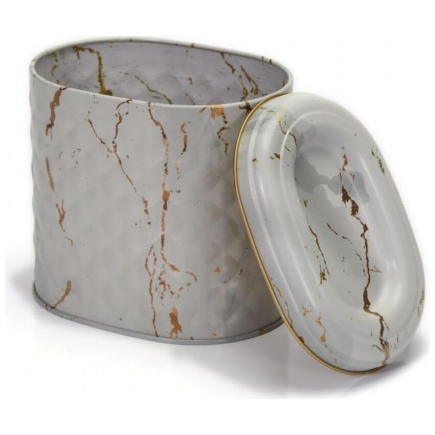 Oval Metal Kutu – 140 x 120 x 130 mm (1,4 L) Mermer Beyazı — Yuvarlak Kutular — görsel 4 / 4 — Tinbox