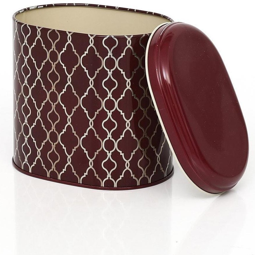 Oval Metal Kutu – 140 x 120 x 130 mm (1,4L) altın geometrik desen siyah zemin — Yuvarlak Kutular — görsel 4 / 5 — Tinbox
