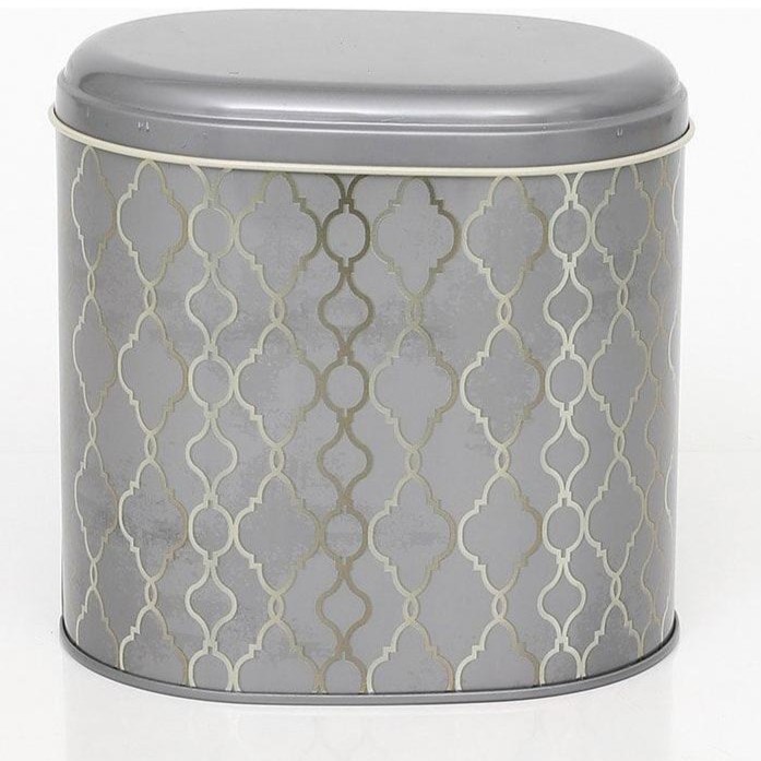 Oval Metal Kutu – 140 x 120 x 130 mm (1,4L) altın geometrik desen siyah zemin — Yuvarlak Kutular — görsel 2 / 5 — Tinbox
