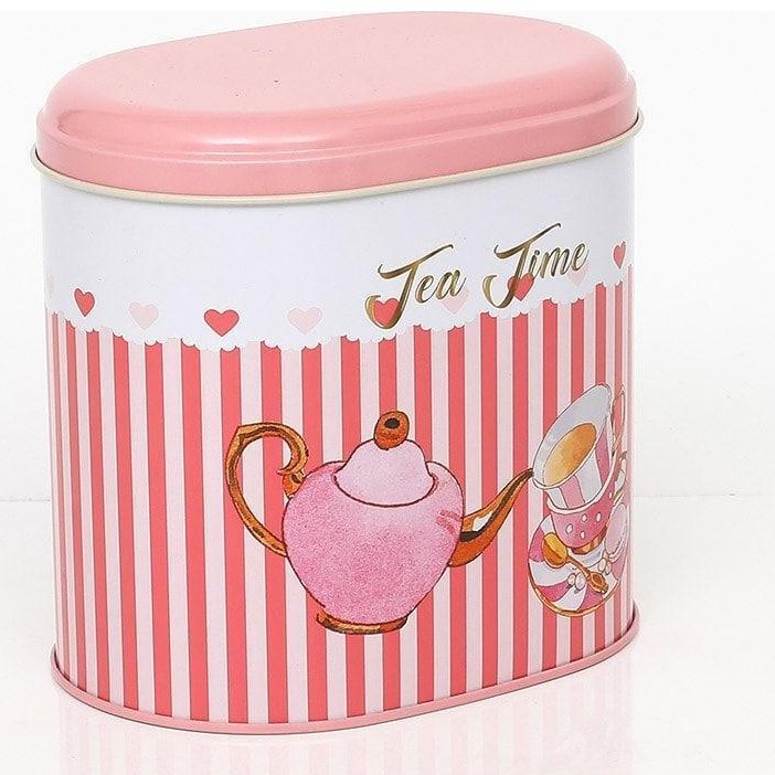 Oval Metal Kutu – 140 x 120 x 130 mm (1,4 L) Çaydanlık ve Fincan, Pembe Çizgili Arka Plan — Yuvarlak Kutular — Tinbox