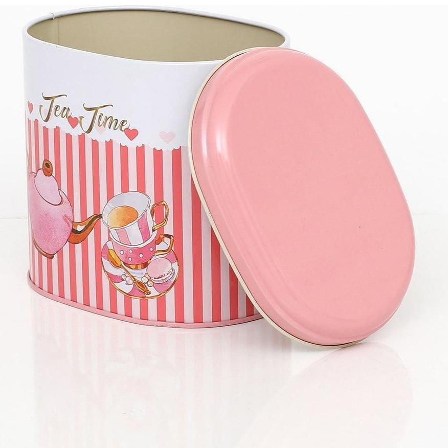 Oval Metal Kutu – 140 x 120 x 130 mm (1,4 L) Çaydanlık ve Fincan, Pembe Çizgili Arka Plan — Yuvarlak Kutular — görsel 4 / …