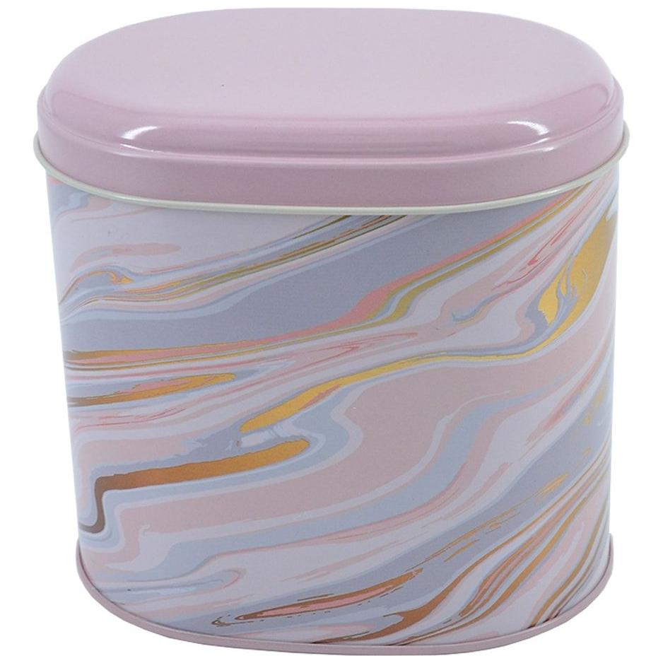 Oval Metal Kutu – 140 x 120 x 130 mm (1,4 L) Pembe ve Altın Mermer Dokulu — Yuvarlak Kutular — görsel 2 / 4 — Tinbox