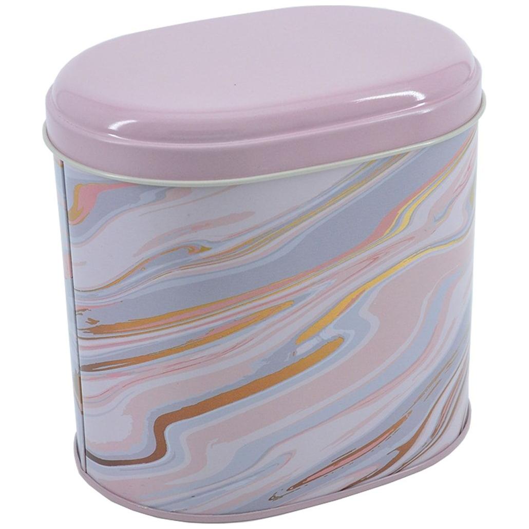Oval Metal Kutu – 140 x 120 x 130 mm (1,4 L) Pembe ve Altın Mermer Dokulu — Yuvarlak Kutular — görsel 3 / 4 — Tinbox