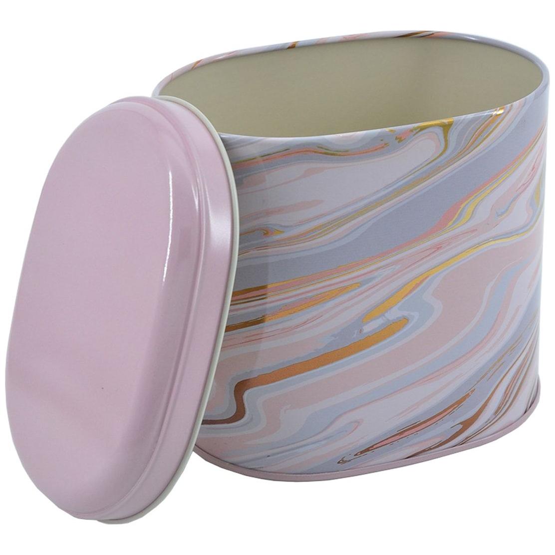 Oval Metal Kutu – 140 x 120 x 130 mm (1,4 L) Pembe ve Altın Mermer Dokulu — Yuvarlak Kutular — görsel 4 / 4 — Tinbox