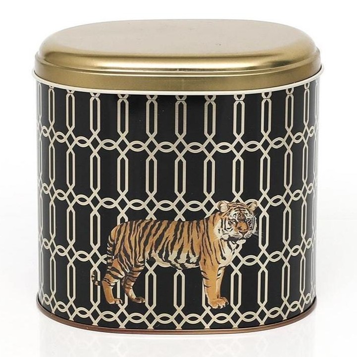 Oval Metal Kutu – 140 x 120 x 130 mm (1,4 L) Safari Kaplanı — Yuvarlak Kutular — Tinbox
