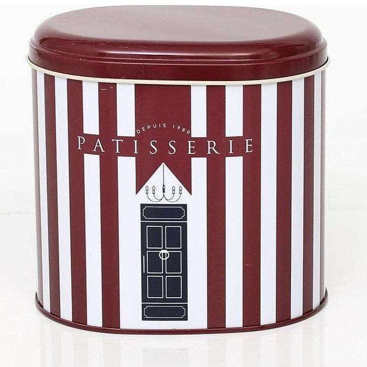 Oval Metal Kutu – 140 x 120 x 130 mm (1,4 L) Bordo Kırmızı ve Beyaz Çizgili — Yuvarlak Kutular — görsel 1 / 5 — Tinbox