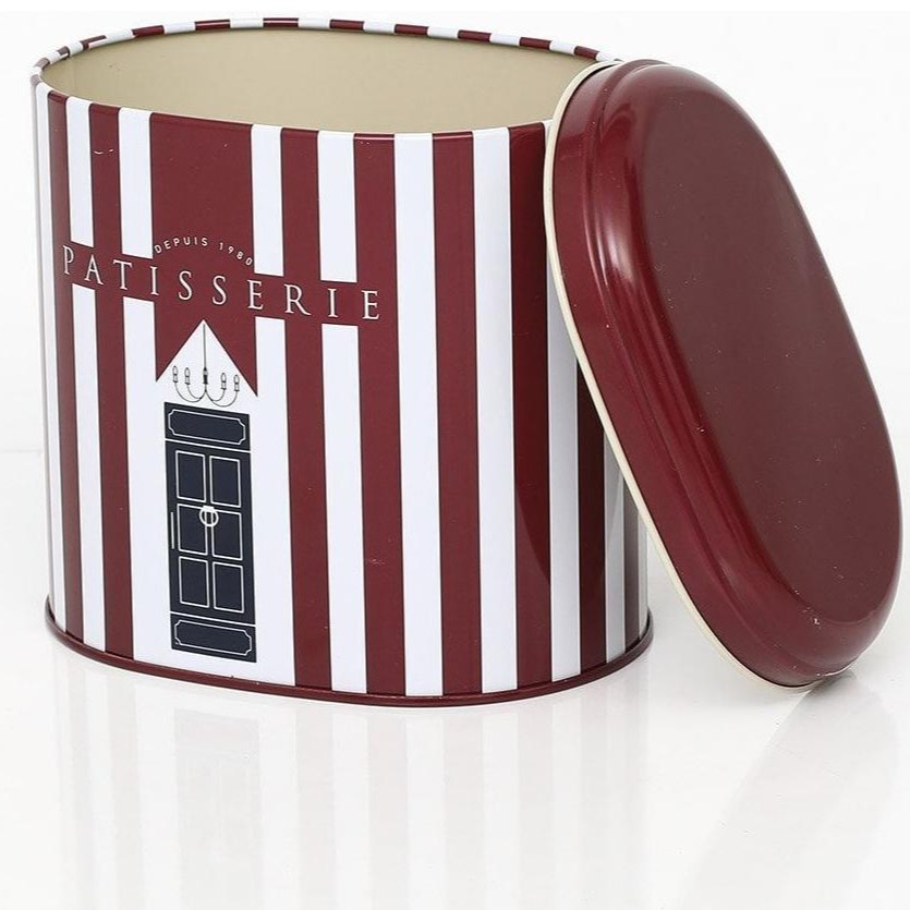 Oval Metal Kutu – 140 x 120 x 130 mm (1,4 L) Bordo Kırmızı ve Beyaz Çizgili — Yuvarlak Kutular — görsel 3 / 5 — Tinbox