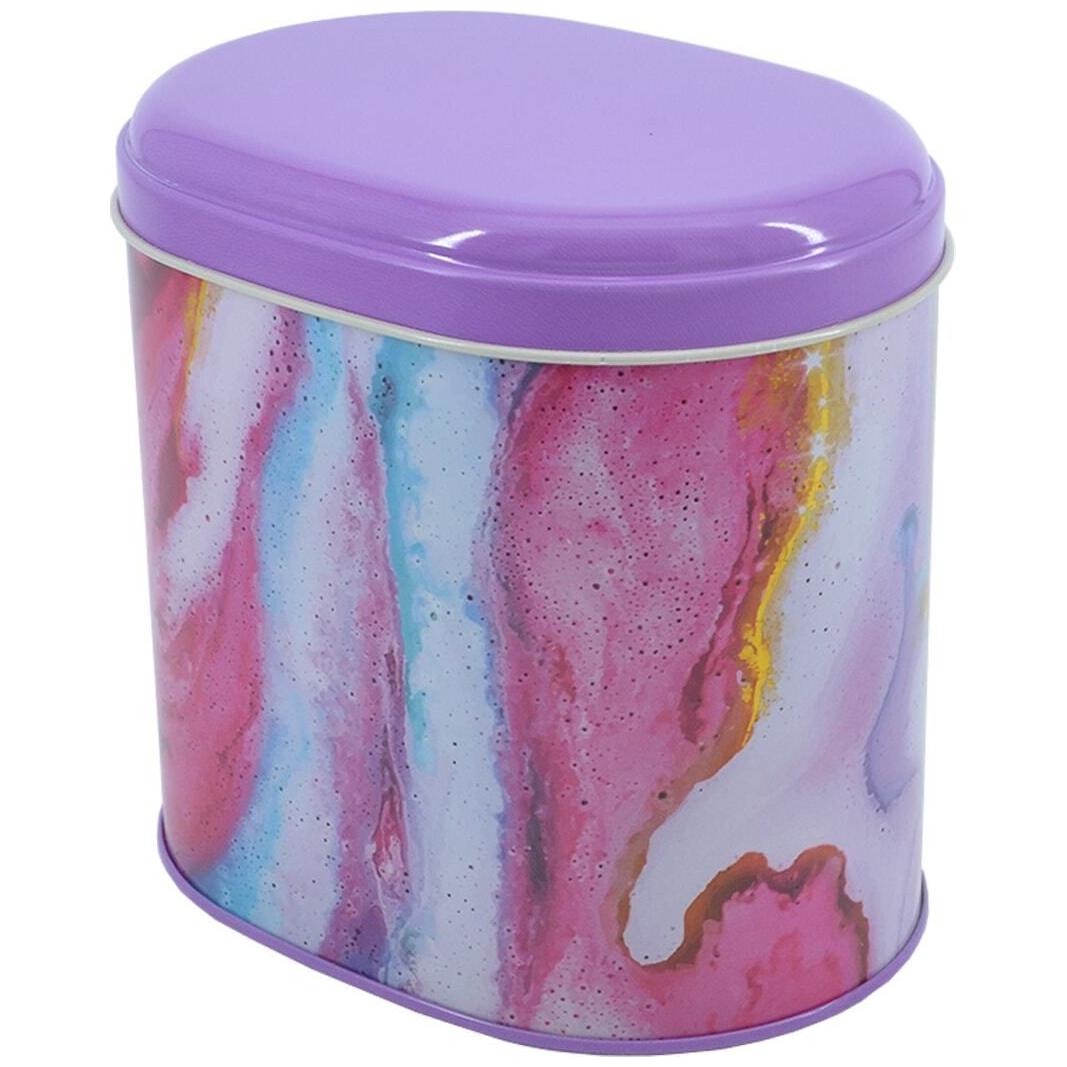 Oval Metal Kutu – 140 x 120 x 130 mm (1,4 L) Pembe ve Altın Mermer Dokulu — Yuvarlak Kutular — Tinbox