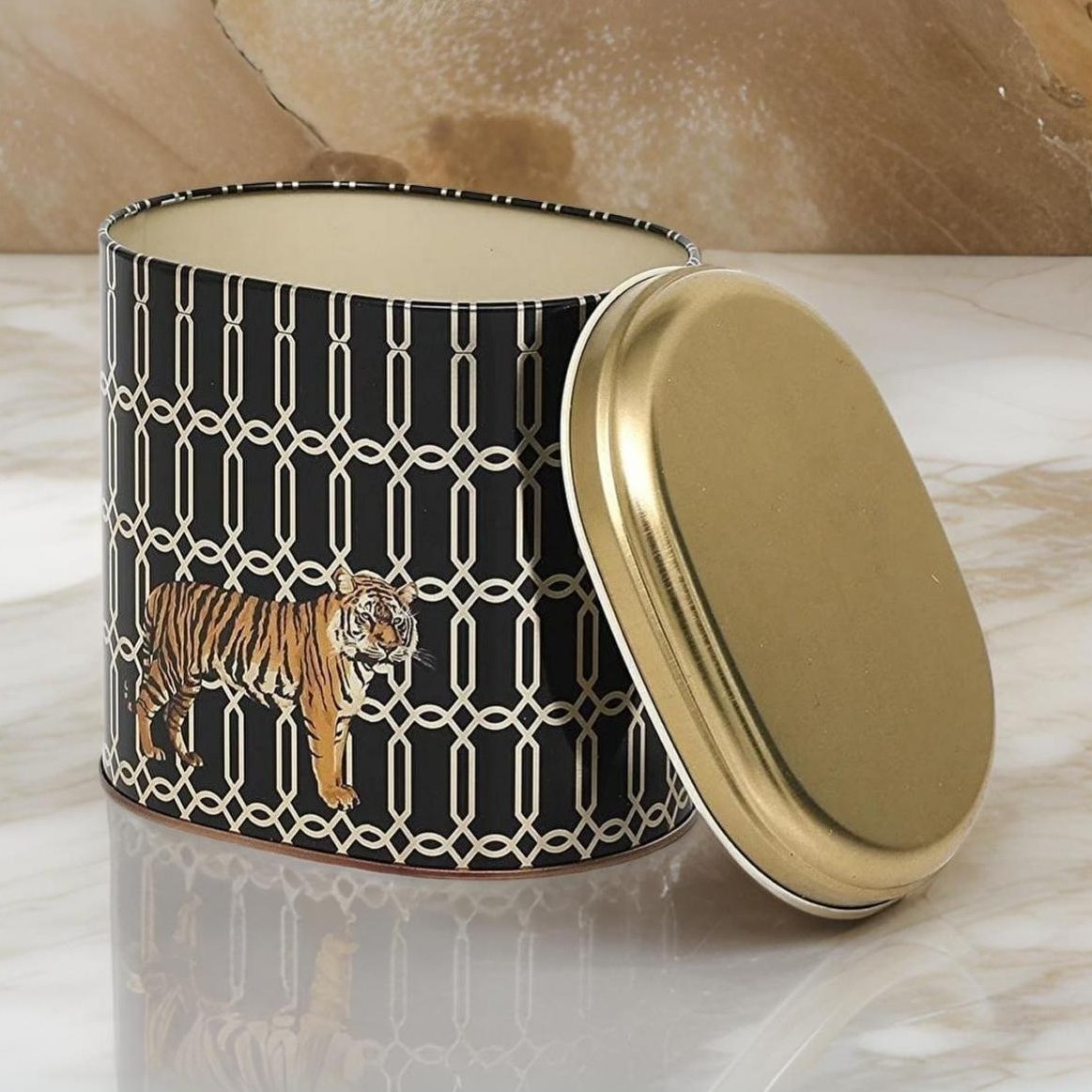 Oval Metal Kutu – 140 x 120 x 130 mm (1,4 L) Safari Kaplanı — Yuvarlak Kutular — görsel 5 / 5 — Tinbox