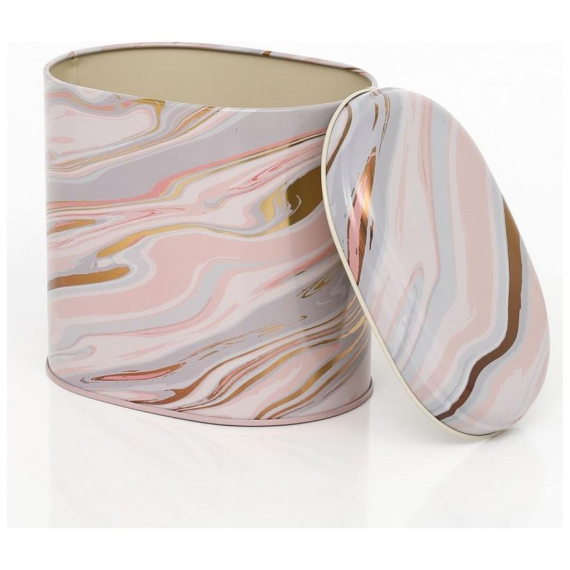 Oval Metal Kutu – 140 x 120 x 130 mm (1,4 L) Pembe ve Altın Mermer Dokulu — Yuvarlak Kutular — Tinbox