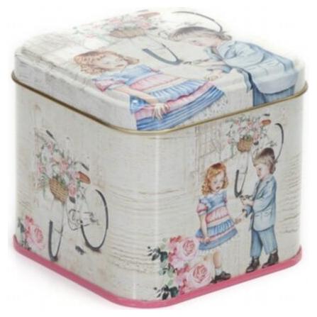 90x90x80 mm Kare Teneke Kutu 0.6 L Sürgülü Kapaklı Vintage Çocuk ve Gül İllüstratörü — Kare Kutular — görsel 2 / 4 — Tinbox