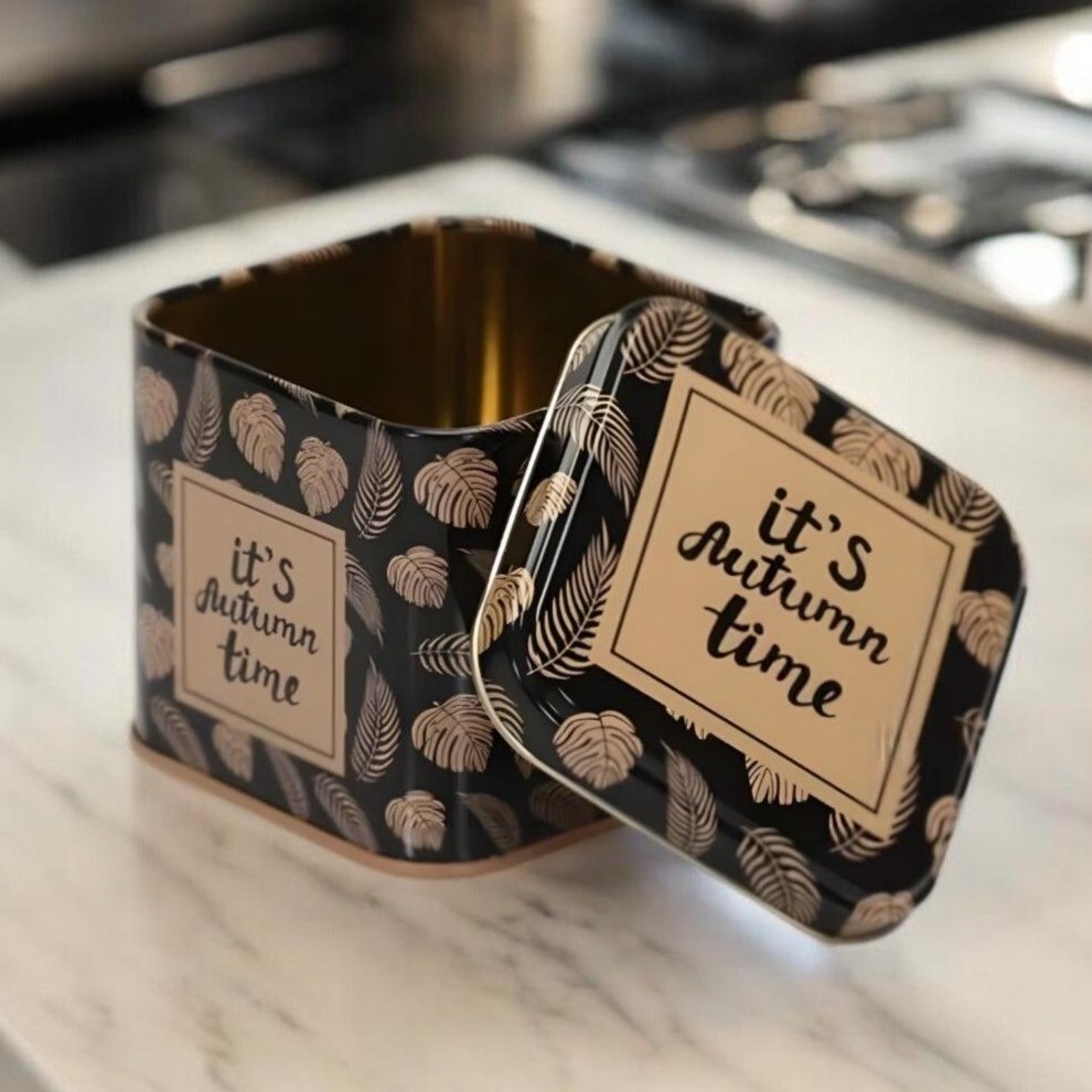 90x90x80 mm Kare Teneke Kutu 0,6 L Sürgülü Kapak Altın Yaprak Sonbahar Zamanı — Kare Kutular — görsel 5 / 5 — Tinbox