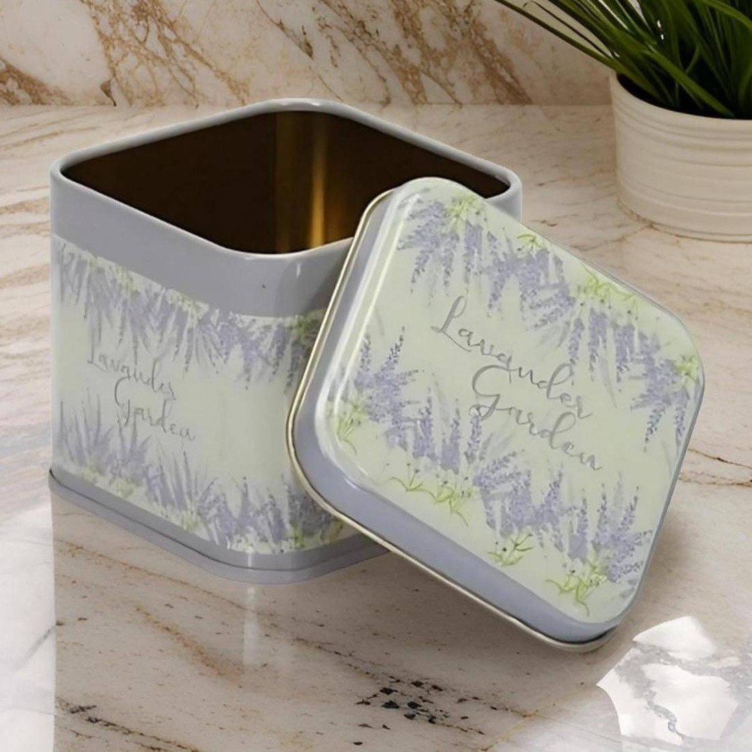 90x90x80 mm Square Tin Box 0.6 L Slip Lid Lavander Garden — Square Boxes — view 5 of 5 — Tinbox