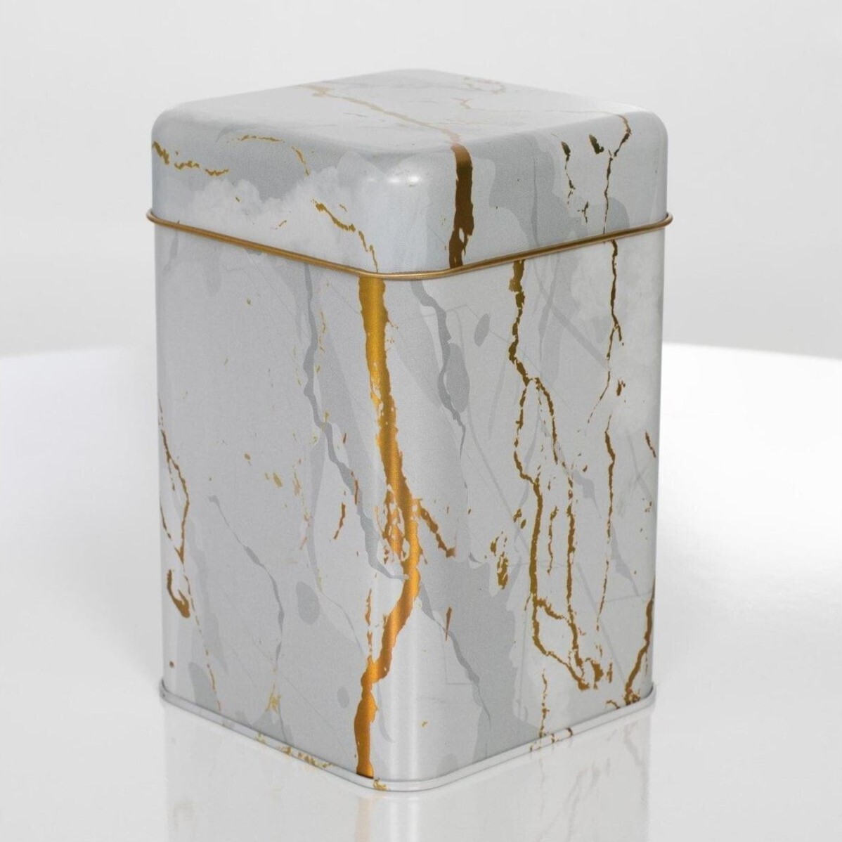 105x105x160 mm Kare Teneke Kutu 1.7 L Sürgülü Kapak Mermer Beyaz — Kare Kutular — görsel 2 / 5 — Tinbox