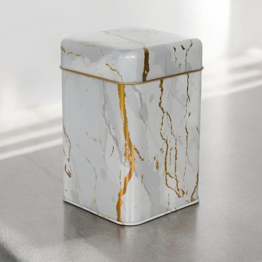 105x105x160 mm Kare Teneke Kutu 1.7 L Sürgülü Kapak Mermer Beyaz — Kare Kutular — görsel 1 / 5 — Tinbox