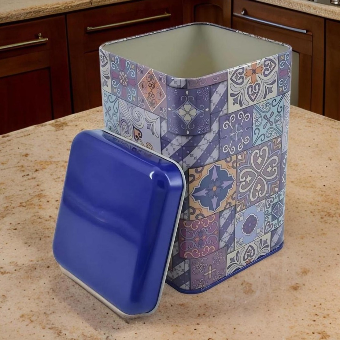 105x105x160 mm Kare Teneke Kutu 1.7 L Sürgülü Kapaklı Mor Ekose Desenli — Kare Kutular — görsel 5 / 5 — Tinbox