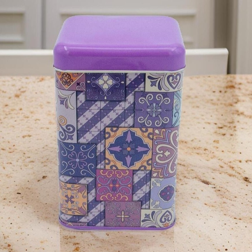 105x105x160 mm Kare Teneke Kutu 1.7 L Sürgülü Kapaklı Mor Ekose Düz Mor — Kare Kutular — görsel 4 / 4 — Tinbox