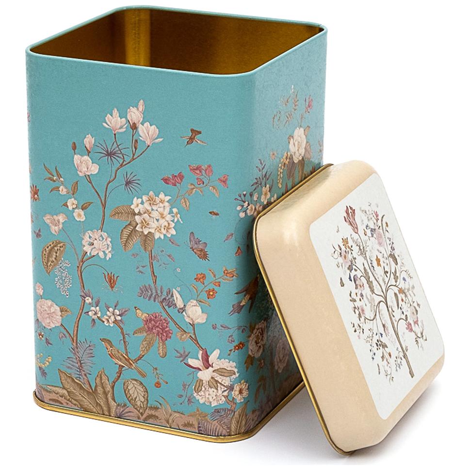 105 x 105 x 160 mm Kare Metal Saklama Kutusu 1.6L Çiçek Desenli Pastel Mavi — Kare Kutular — Tinbox
