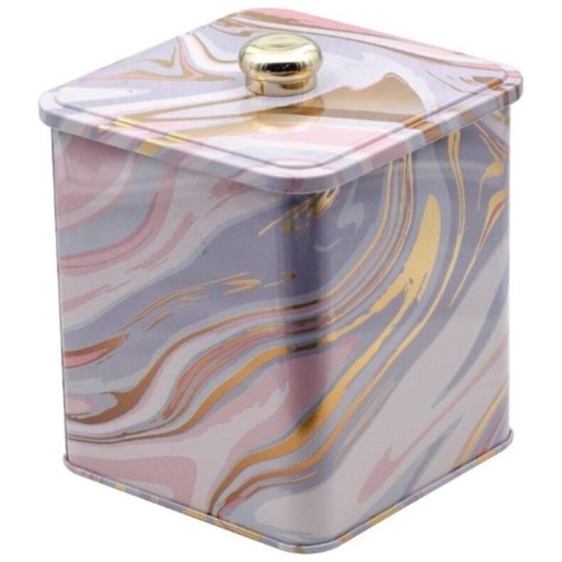 120x120x137 mm Kare metal kutu 1.8L Topuzlu Kulp Pembe ve Altın Mermer Dokulu — Kare Kutular — Tinbox