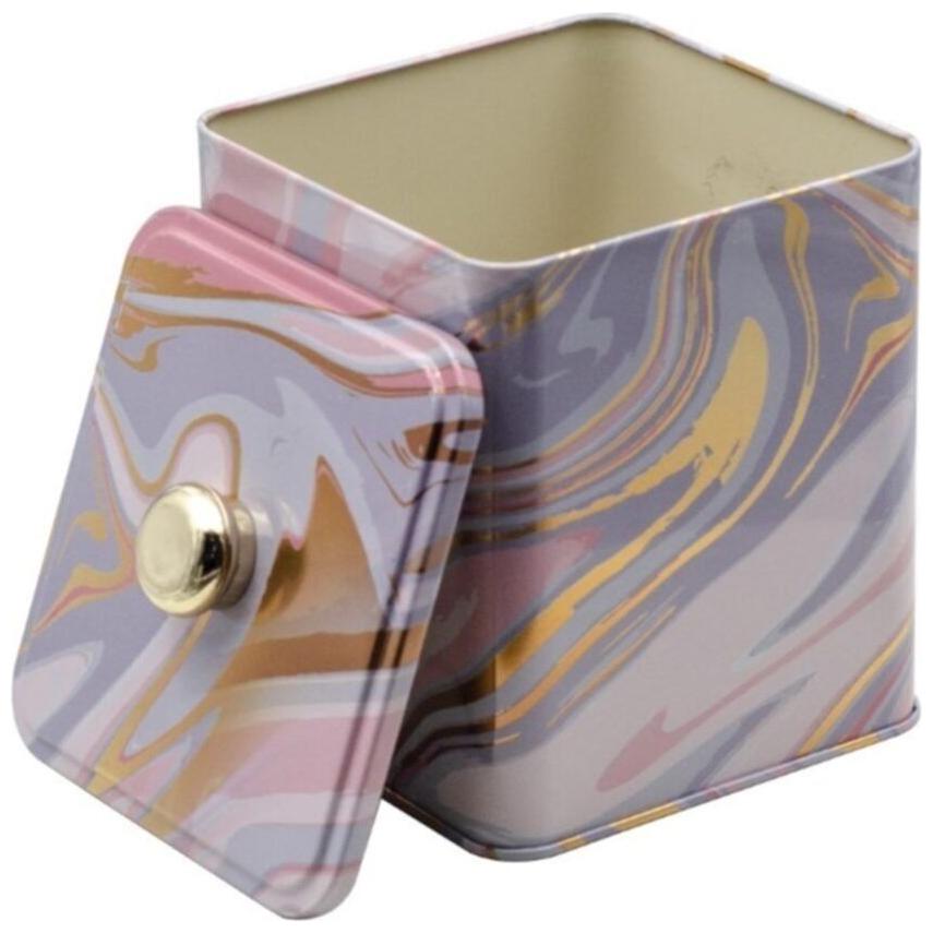 120x120x137 mm Kare metal kutu 1.8L Topuzlu Kulp Pembe ve Altın Mermer Dokulu — Kare Kutular — görsel 2 / 3 — Tinbox