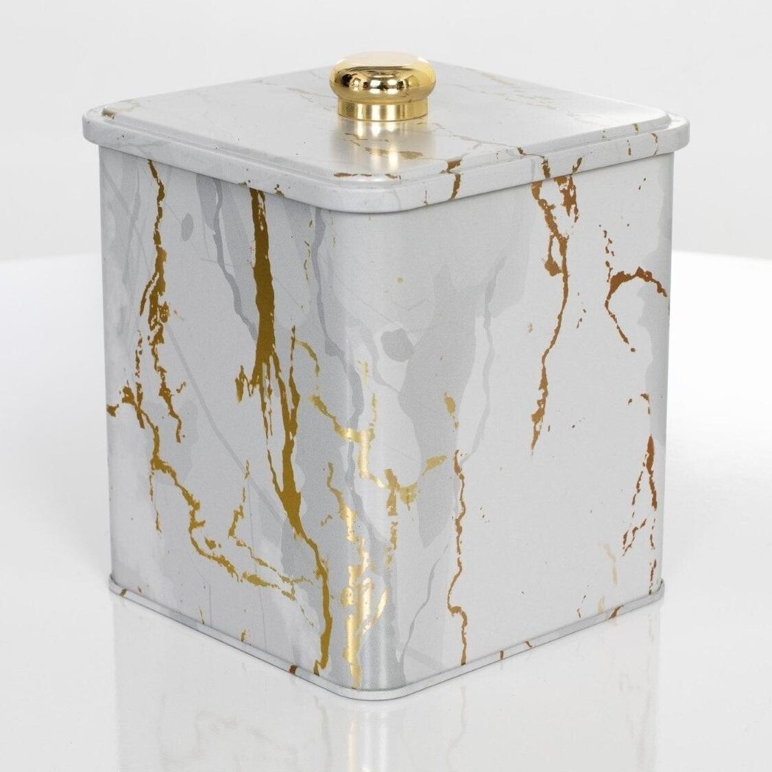 120x120x137 mm Kare metal kutu 1.8L Topuzlu Kulp Mermer Beyaz — Kare Kutular — Tinbox