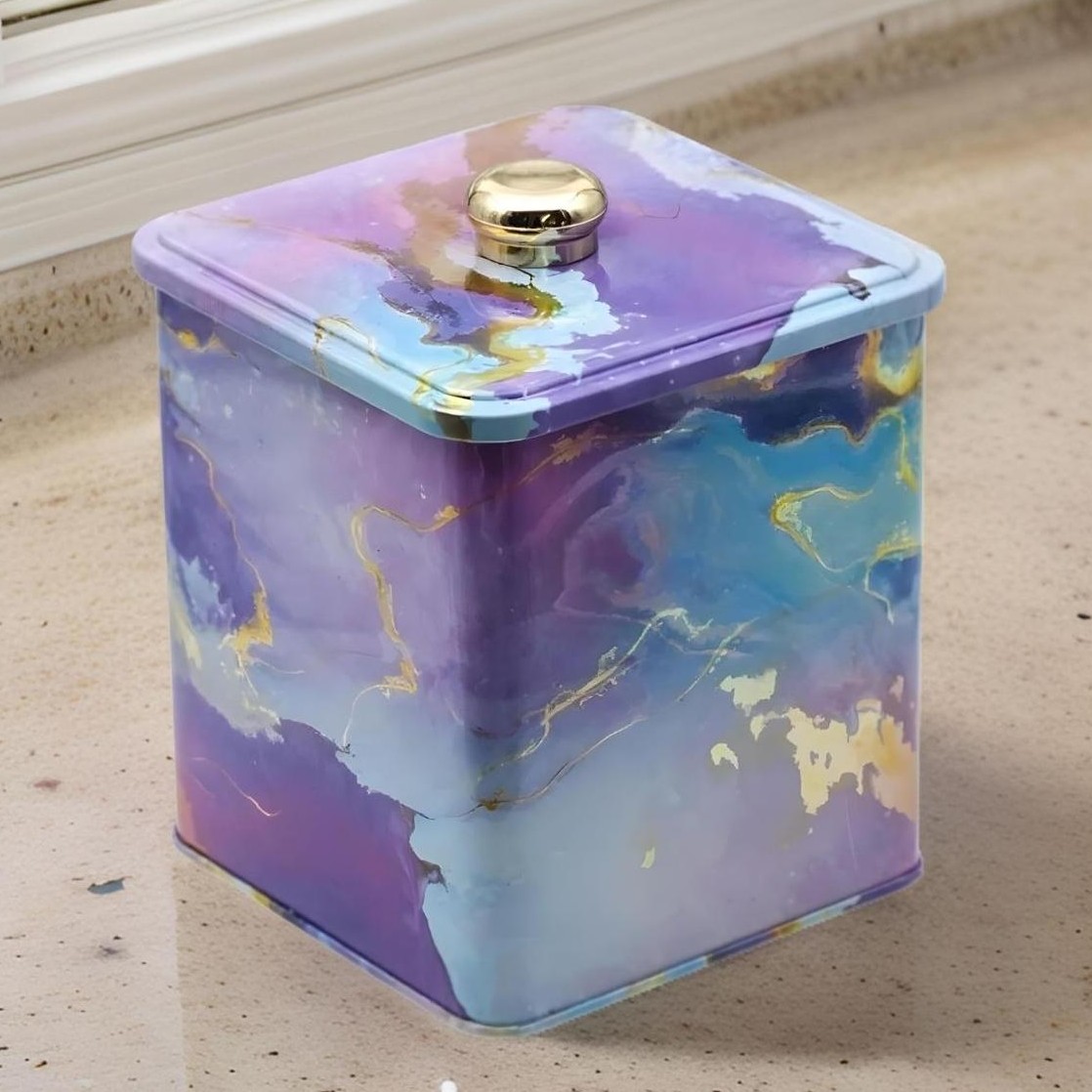 120x120x137 mm Kare metal kutu 1.8L Topuzlu Kulp Pembe ve Altın Mermer Dokulu — Kare Kutular — görsel 4 / 4 — Tinbox