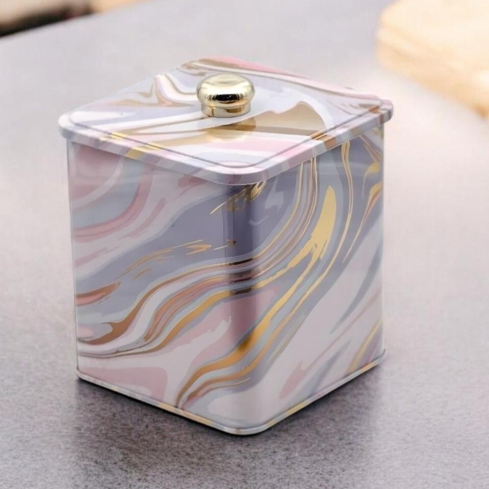 120x120x137 mm Kare metal kutu 1.8L Topuzlu Kulp Pembe ve Altın Mermer Dokulu — Kare Kutular — görsel 3 / 3 — Tinbox