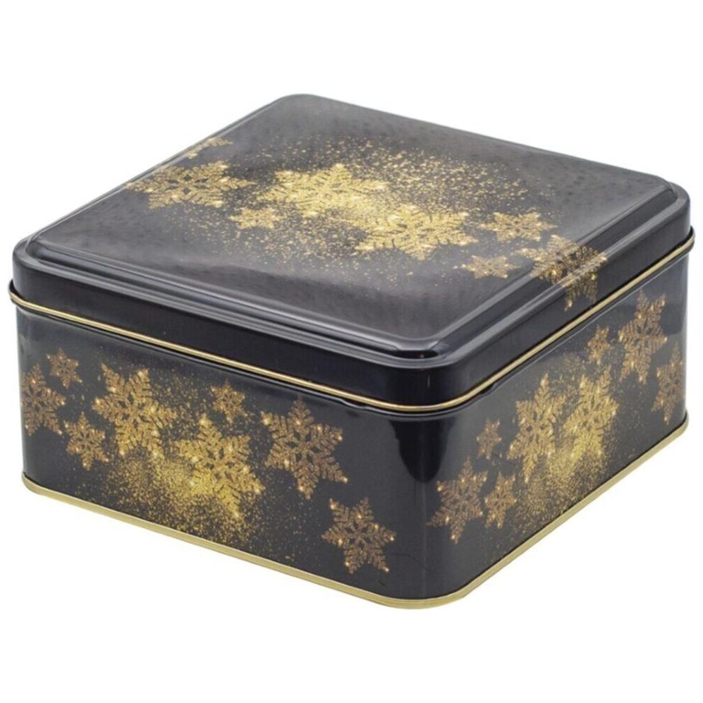 158x158x80 mm Square Metal Storage box 1.9L Gold Snow Black Background — Square Boxes — Tinbox