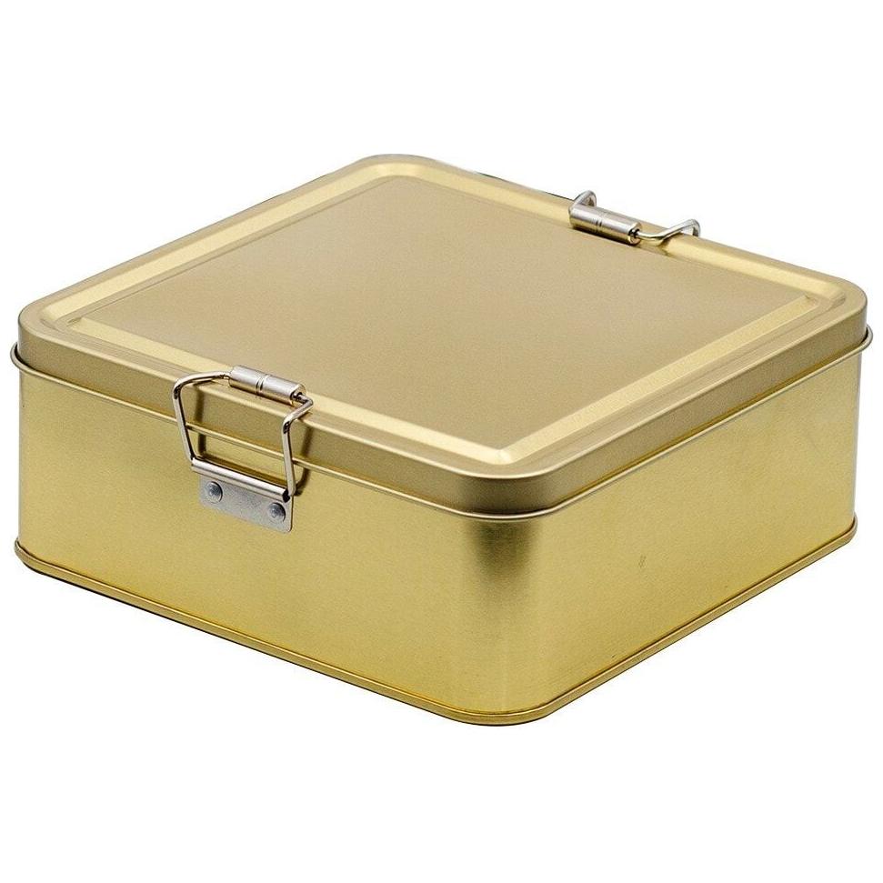 158x158x87 mm Kare Metal Saklama Kutusu 1.9L Tel Tokalı ve Şeffaf Kapaklı Altın Renk — Kare Kutular — görsel 5 / 7 — Tinbox