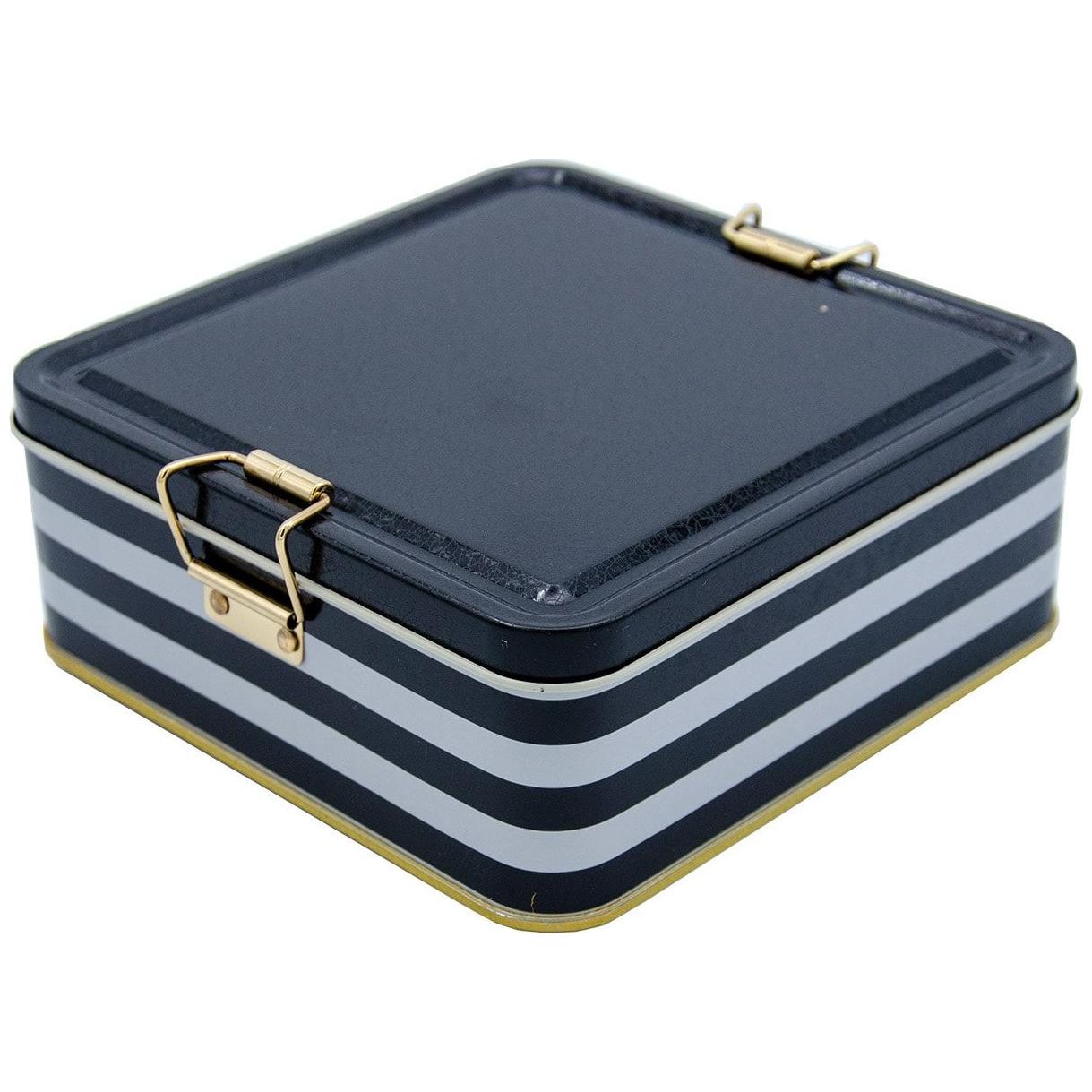 158x158x87 mm Kare Metal Saklama Kutusu 1.9L Tel Kilitli ve Şeffaf Kapaklı Siyah Beyaz Çizgili Desen — Kare Kutular — görs…