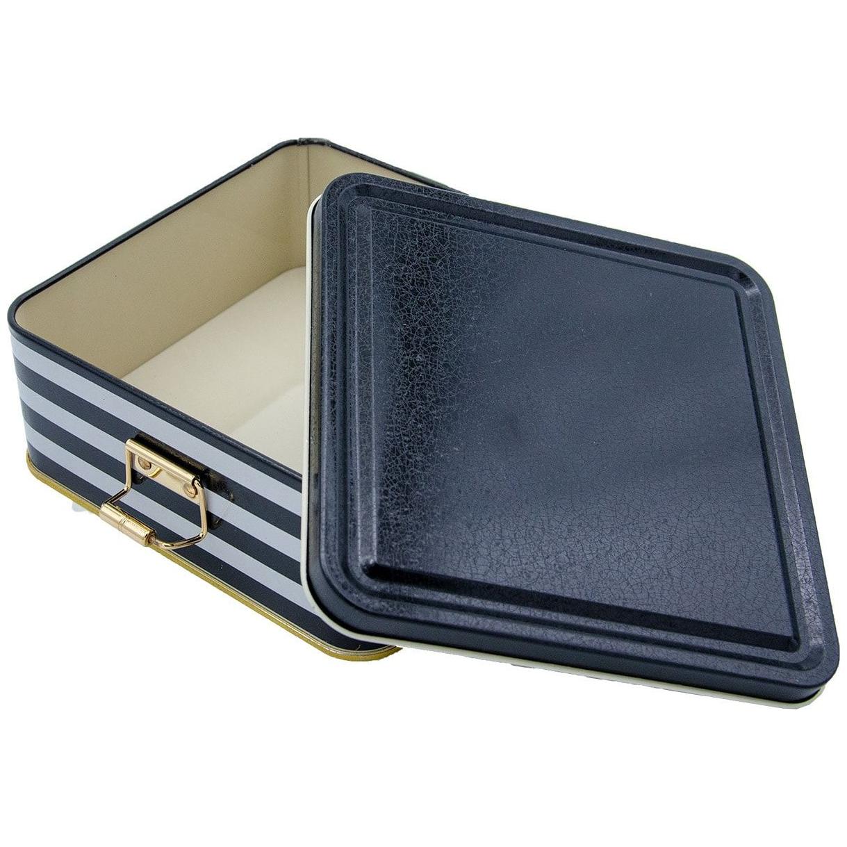 158x158x87 mm Kare Metal Saklama Kutusu 1.9L Tel Kilitli ve Şeffaf Kapaklı Siyah Beyaz Çizgili Desen — Kare Kutular — görs…