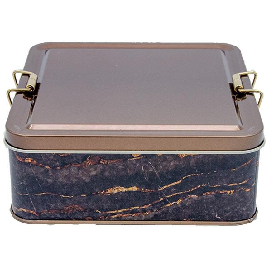 158x158x87 mm Kare Metal Saklama Kutusu 1.9L Tel Toka ve Şeffaf Kapak Kaya ve Altın — Kare Kutular — Tinbox