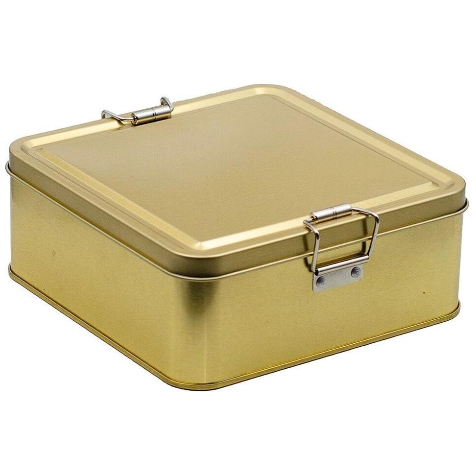 158x158x87 mm Kare Metal Saklama Kutusu 1.9L Tel Tokalı ve Şeffaf Kapaklı Altın Renk — Kare Kutular — Tinbox