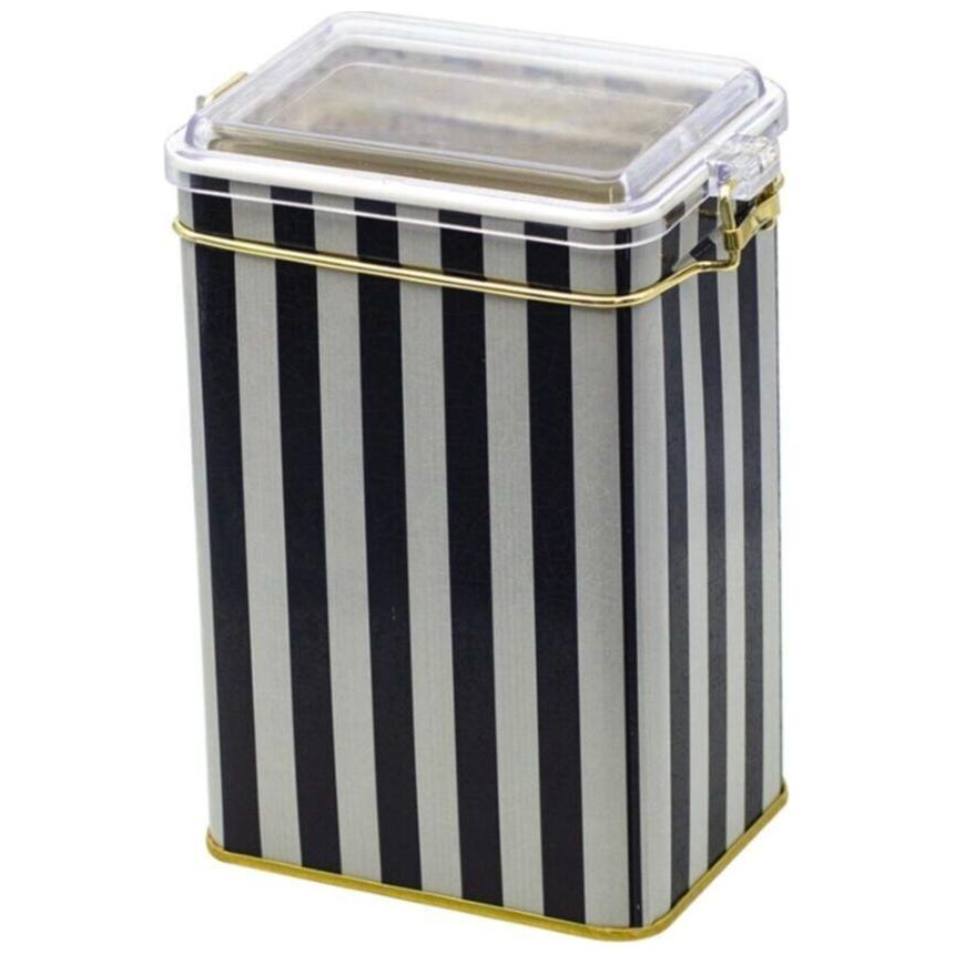 75x100x150 mm Dikdörtgen Metal Kutu 1L Tel Kilitli ve Şeffaf Kapaklı Siyah Beyaz Çizgili Desen — Dikdörtgen Kutular — Tinbox