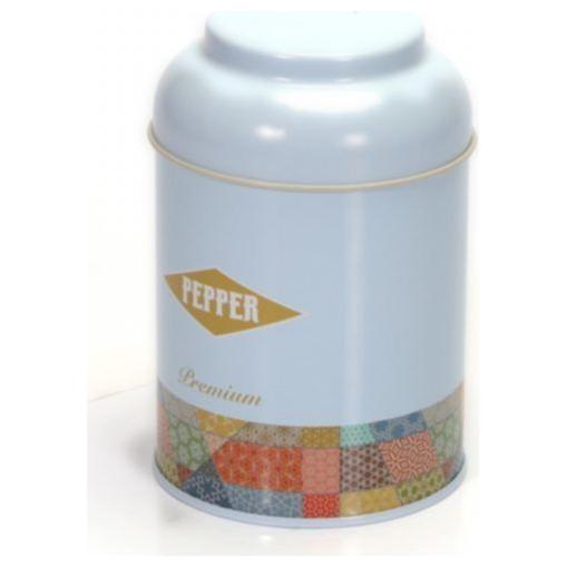 Ø90x90 mm Yuvarlak Teneke Kutu 0,5 L Kubbeli Kapak Yama Desenli Mavi Arka Plan — Yuvarlak Kutular — görsel 2 / 3 — Tinbox